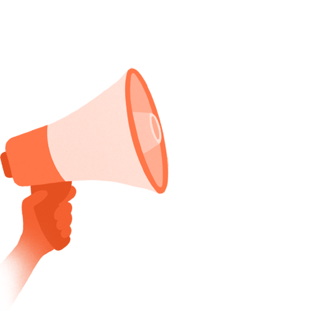 Decorative image. Yellow hand holding a yellow megaphone.